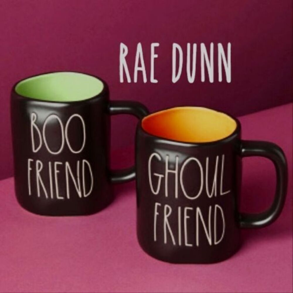 Rae Dunn Mug Set Halloween Boo Friend Ghoul Friend Black Orange Green NEW - Picture 5 of 5